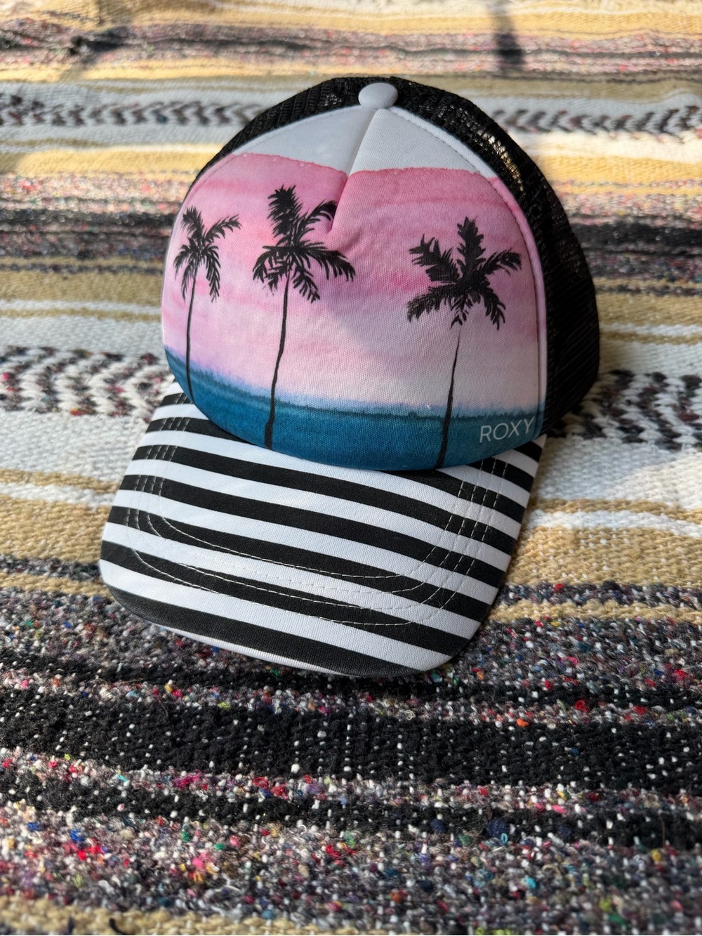Roxy Pink & Blue Palm Trucker Hat with Black Striped Brim